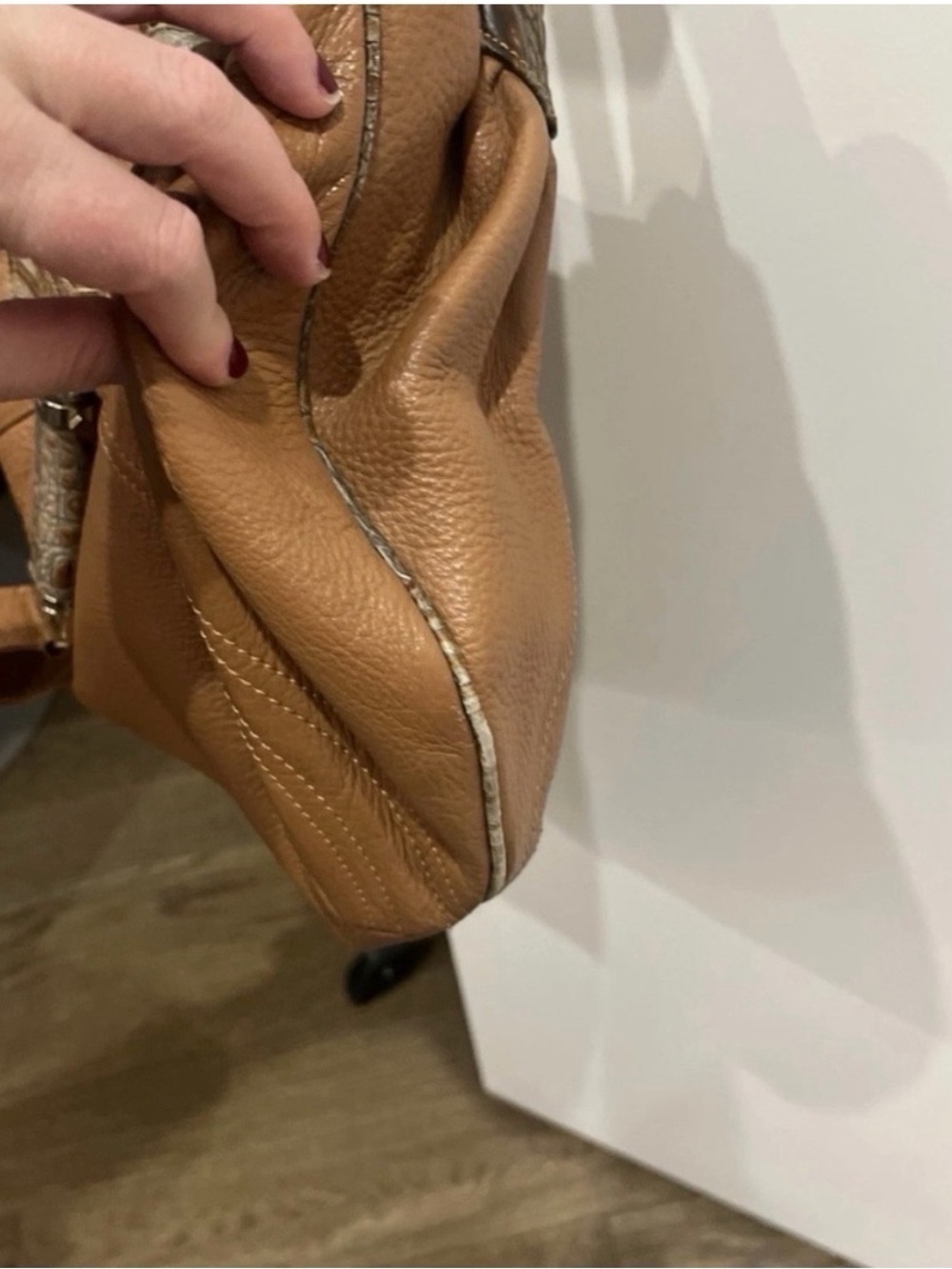 Brown Leather Hobo Bag with Textured Handle - Picture 3 of 4